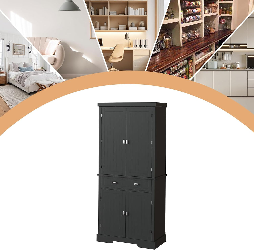 IDEALHOUSE 72" Kitchen Pantry Cabinet with Drawer, Doors and Shelves, Wood Farmhouse Storage Cabinet, Large Storage Cupboard for Living Room, Dining Room(Black)