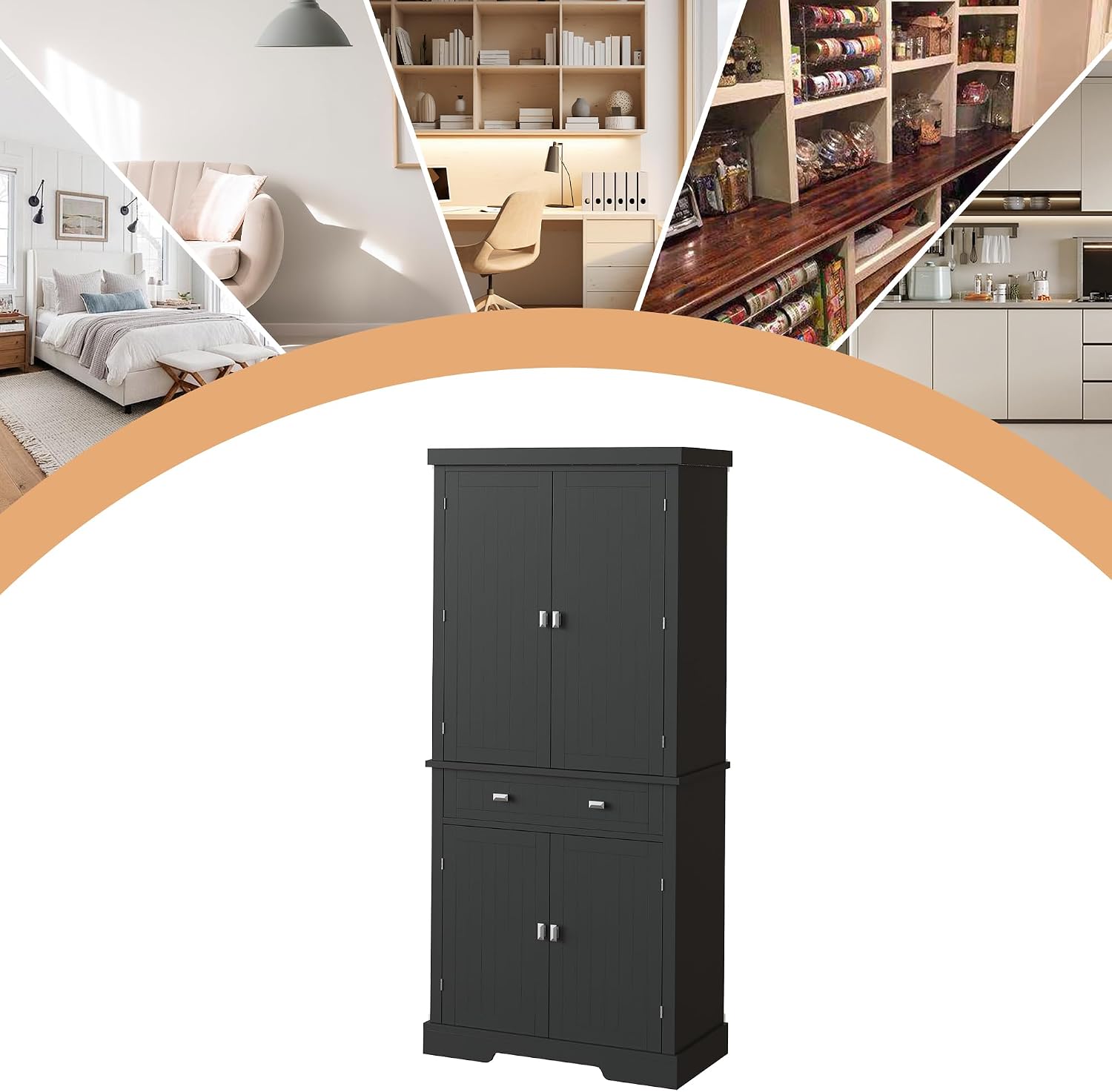 IDEALHOUSE 72" Kitchen Pantry Cabinet with Drawer, Doors and Shelves, Wood Farmhouse Storage Cabinet, Large Storage Cupboard for Living Room, Dining Room(Black)