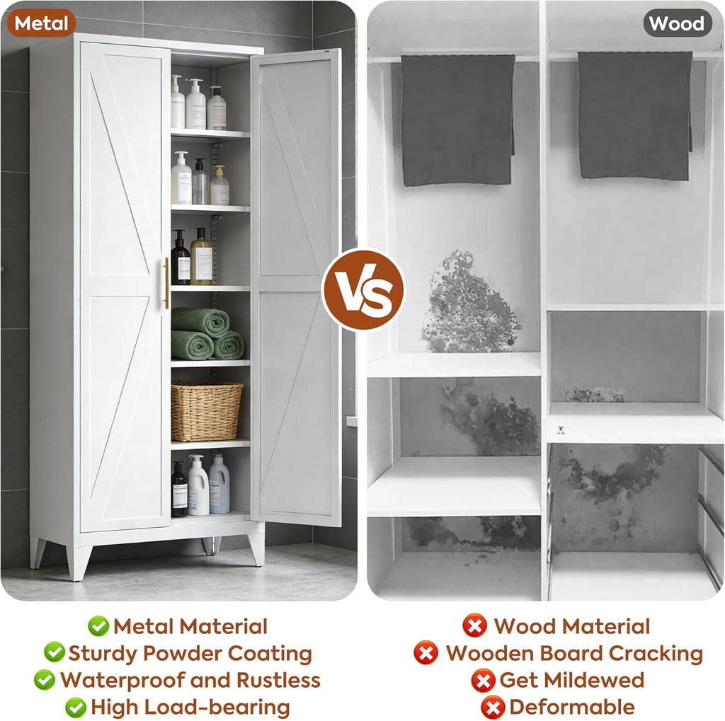 Metal Pantry Cabinet, 75.3-Inch Tall, 5 Adjustable Shelves, White | 75.3"H x 31.5"W x 15.75"D steel cabinet with 5 adjustable shelves, embossed doors, adjustable feet, and required assembly.