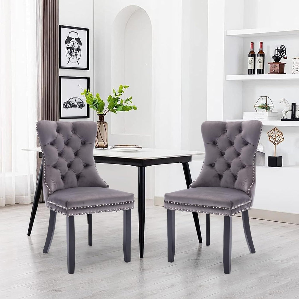 Velvet Dining Chairs Set of 2,Upholstered Dining Room Chairs with Ring Pull Trim&Solid Wood Legs,Farmhouse Tufted Kitchen Chairs with Nailhead,Grey