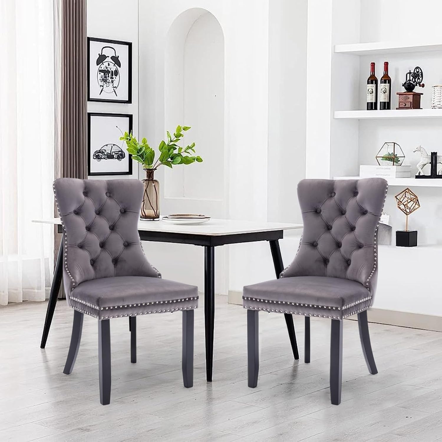 Velvet Dining Chairs Set of 2,Upholstered Dining Room Chairs with Ring Pull Trim&Solid Wood Legs,Farmhouse Tufted Kitchen Chairs with Nailhead,Grey