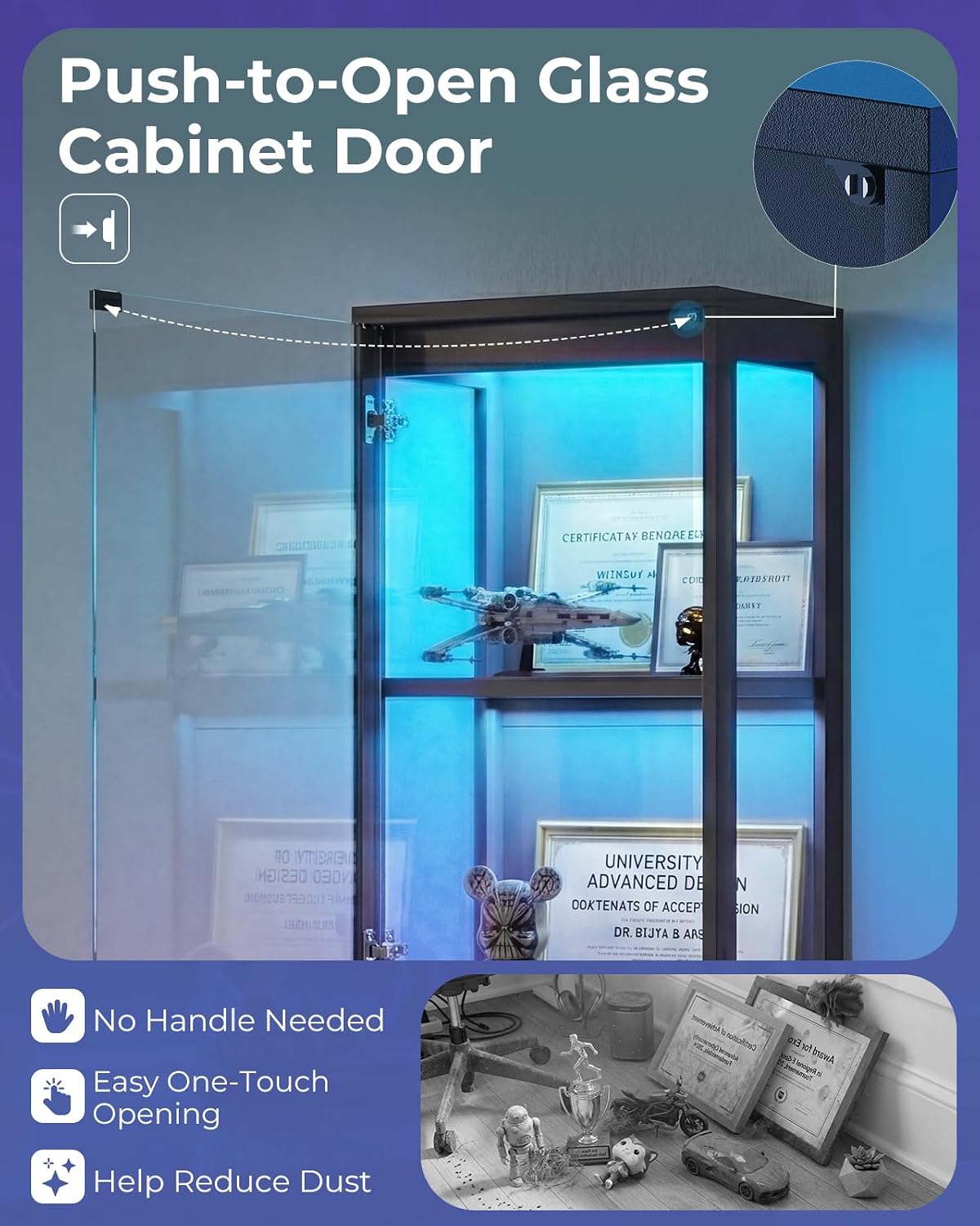 AODK Glass Display Cabinet with Glass Doors, Display Case with RGB Lights