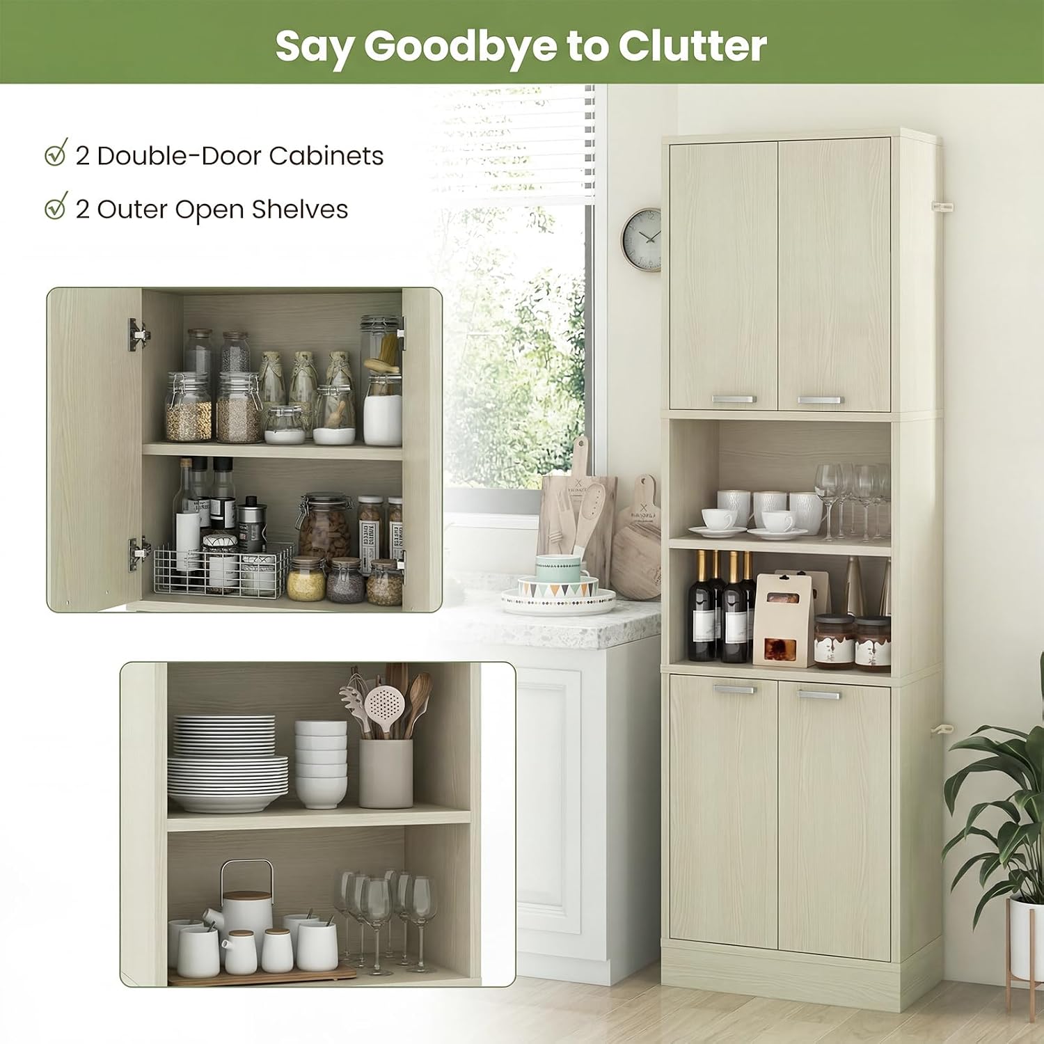 Giantex Kitchen Pantry Cabinet, 75'' Tall Freestanding Cupboard with Doors & Shelves, Safety Hinges & Anti-Tipping Devices, Storage Sideboard for Dining Room, Living Room (Light Oak)