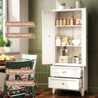White Pantry Cabinet, Freestanding Kitchen Storage Cabinet with 2 Drawers & 2 Adjustable Shelves, Steel Cabinet with Magnetic Doors, for Small Kitchen Pantry Room, 27.6x13.8x72 Inches