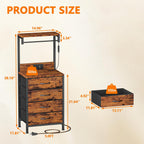 Furnulem Night Stand with Charger Station, 4 Fabric Drawers and LED Lights | 38'' Tall Bedside Table with Storage Shelf for Bedroom, Office, Metal Frame, Wood Shelves, Rustic Brown Nightstand