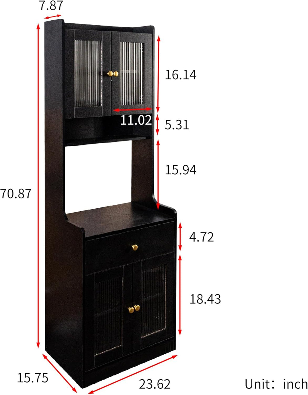 Black Tall Kitchen Pantry Storage Cabinet, Farmhouse Kitchen Hutch Buffet Cabinet with Microwave Stand & Drawer, Freestanding Coffee Bar Cupboard for Dining Room (Black)