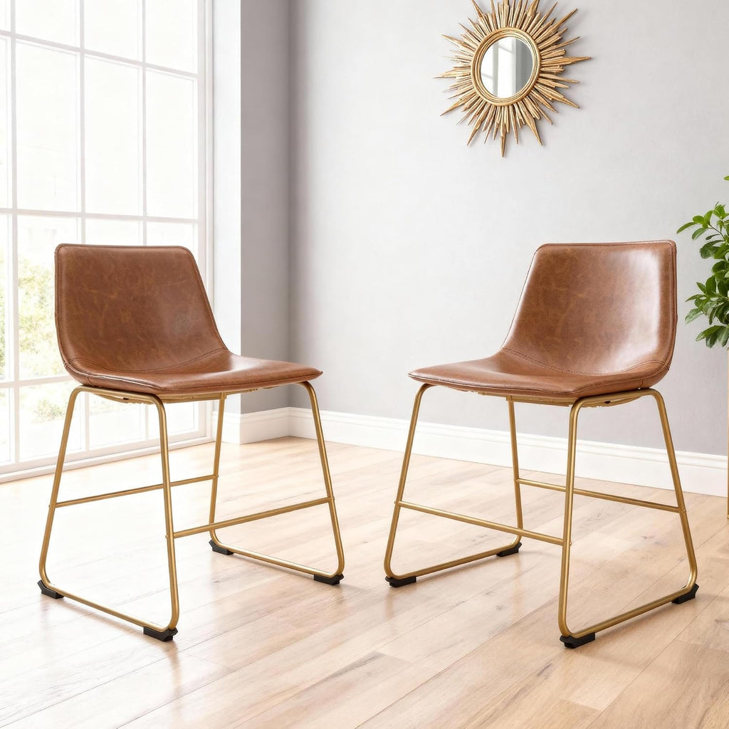 Signature Design by Ashley Crandox Dining Chairs Set of 2, Mid Century Modern Bucket Seat, Faux Leather Upholstery with Gold Legs, Casual Seating for Kitchen and Dining Rooms, Light Brown