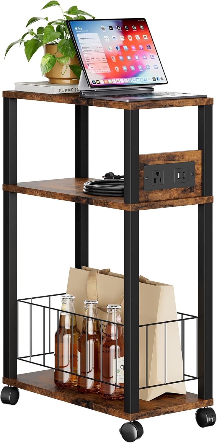 DGSANDGO Narrow Rolling Side Table with Charging Station (Outlets/USB Ports) & Storage Basket - Small Space End Table for Living Room Bedroom Office (Rustic Brown)