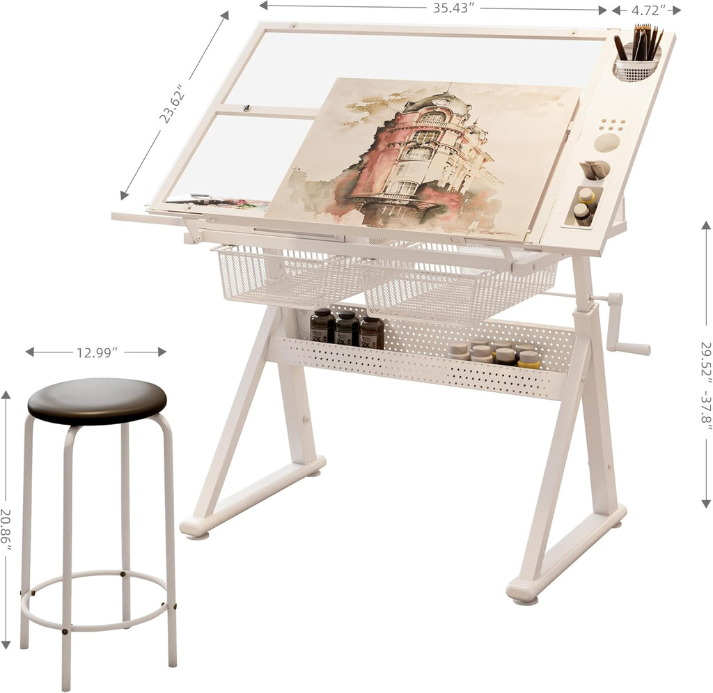 Drafting Table w/Art Stool, Hand Crank Height Adjustable Drawing Desk for Adults with Tilting Glass Top (0-70°), 2 Storage Drawers, Artist Table for Painting & Sketching(White)