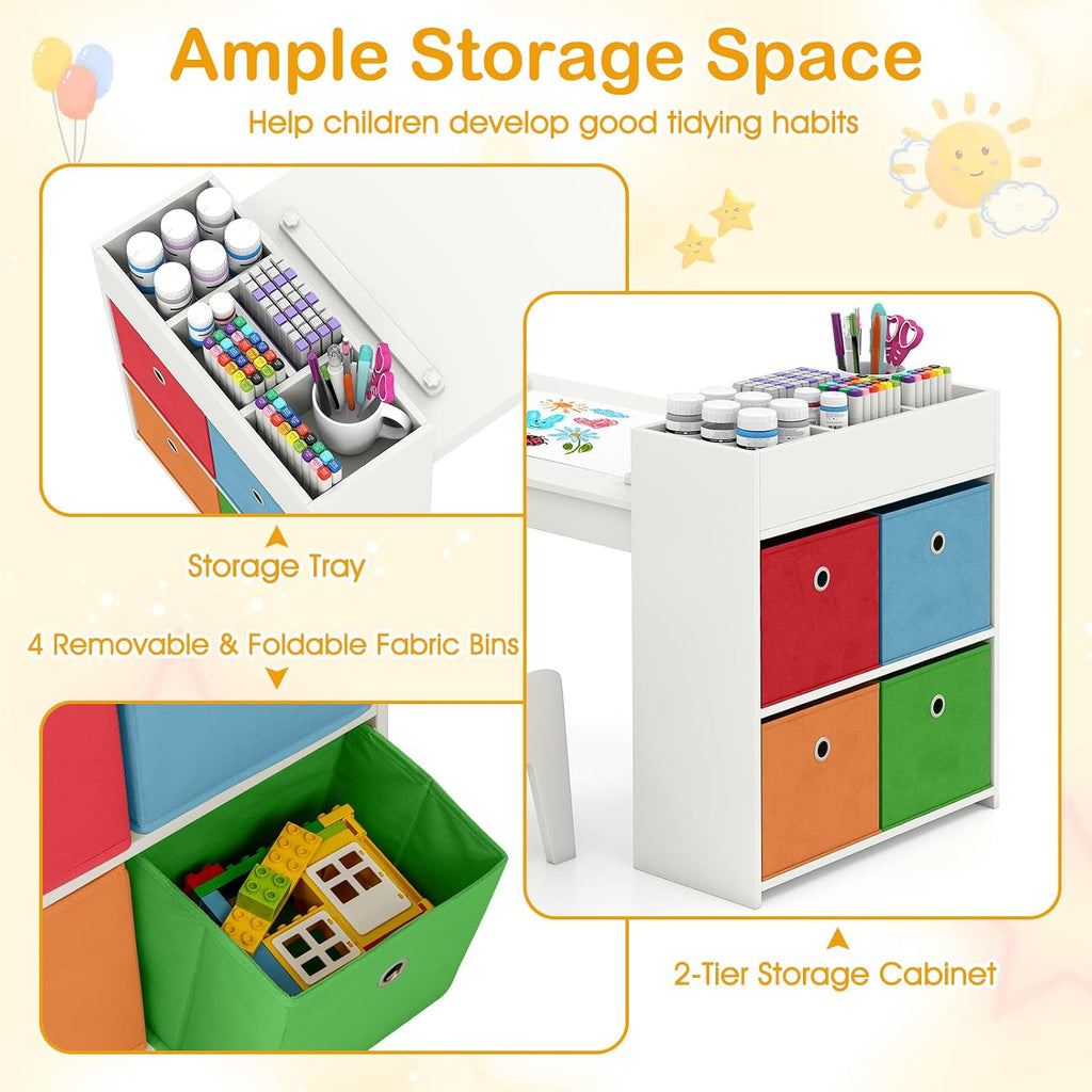 KOTEK Kids Art Table and Chair Set, Kids Craft Table with Paper Roll, 2 Chairs & 4 Storage Bins for Drawing, Reading, Learning, Toddler Activity Play Desk for Playroom or Classroom (White)