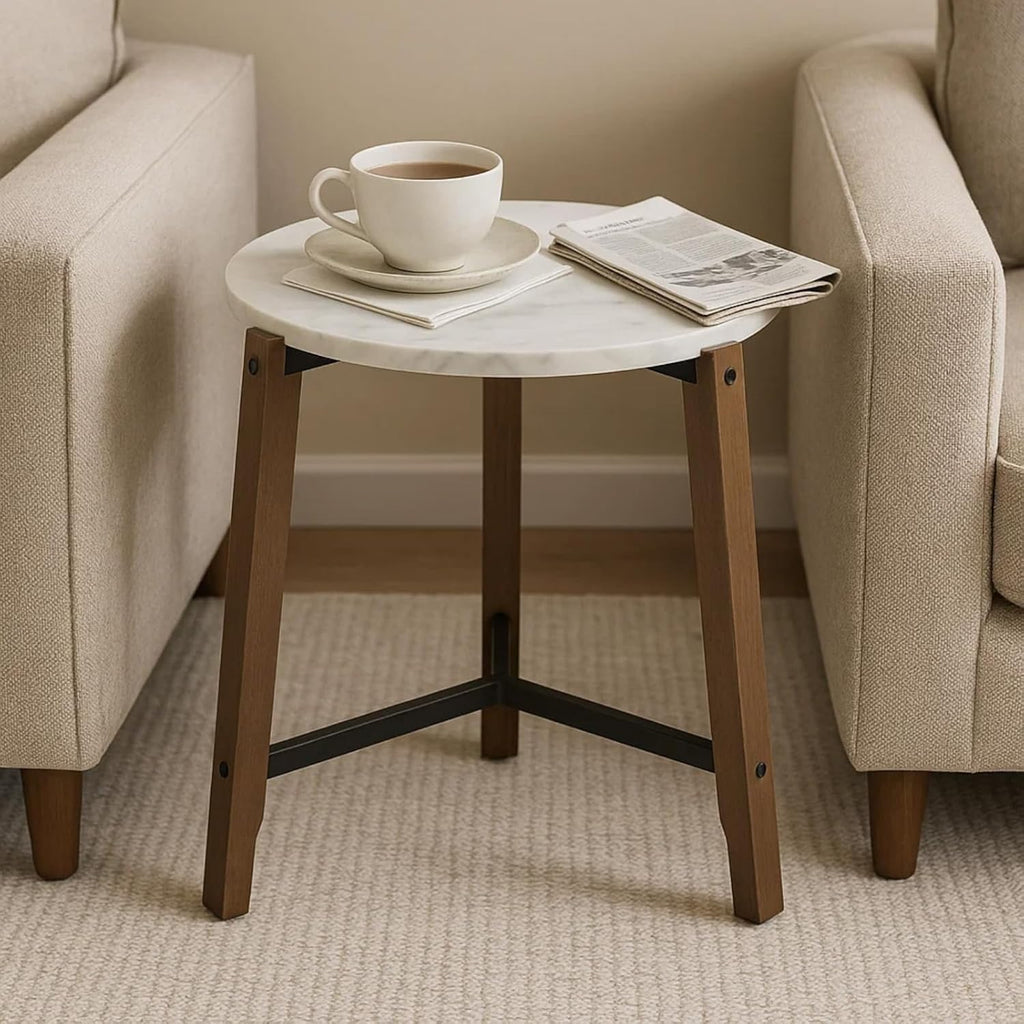 CIMOTA Round Side Table, 22.5" End Accent Table with Solid Wood Leg, White Marble Texture Tabletop, Metal Beam, Round Nightstand for Small Spaces/Living Room/Bedroom, White