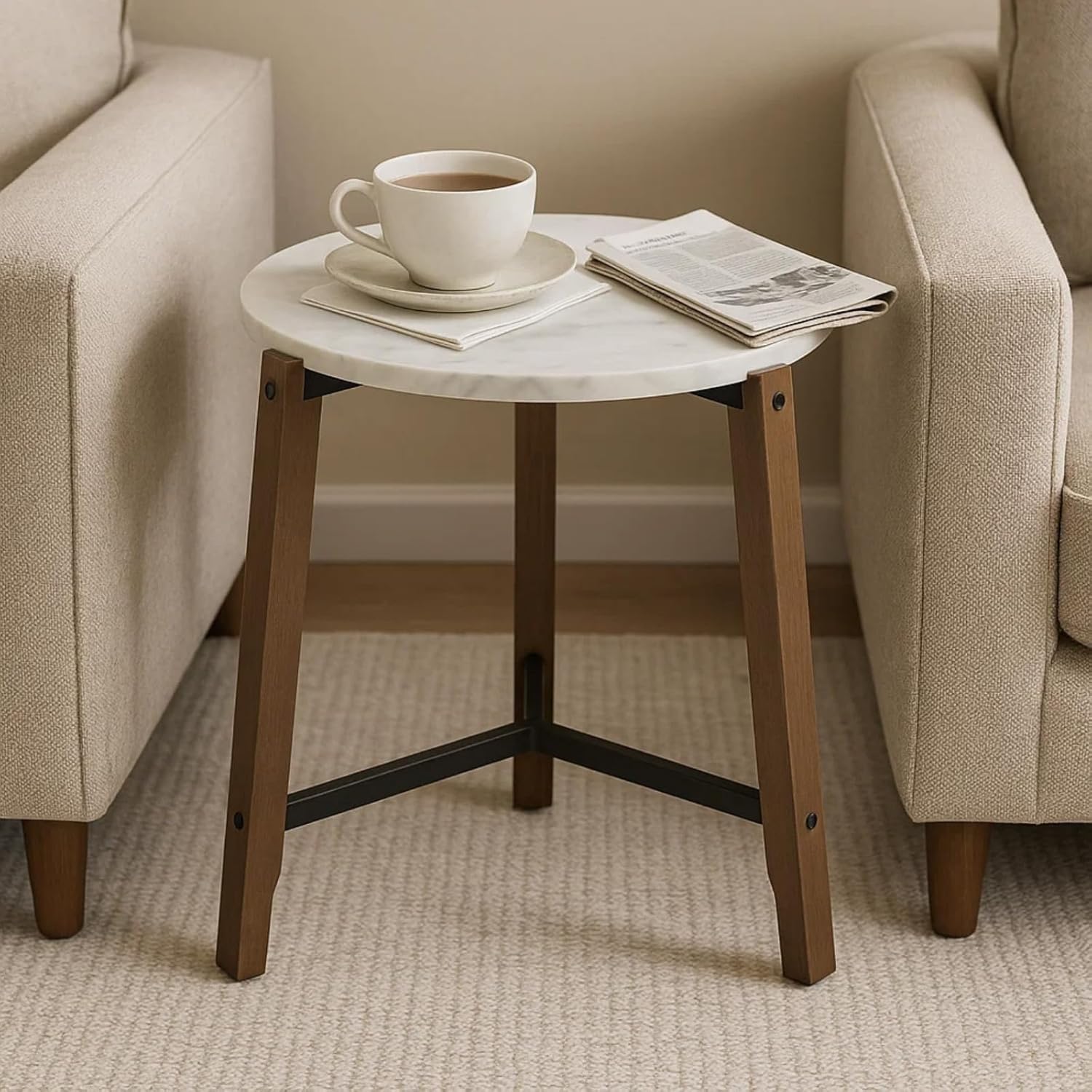 CIMOTA Round Side Table, 22.5" End Accent Table with Solid Wood Leg, White Marble Texture Tabletop, Metal Beam, Round Nightstand for Small Spaces/Living Room/Bedroom, White