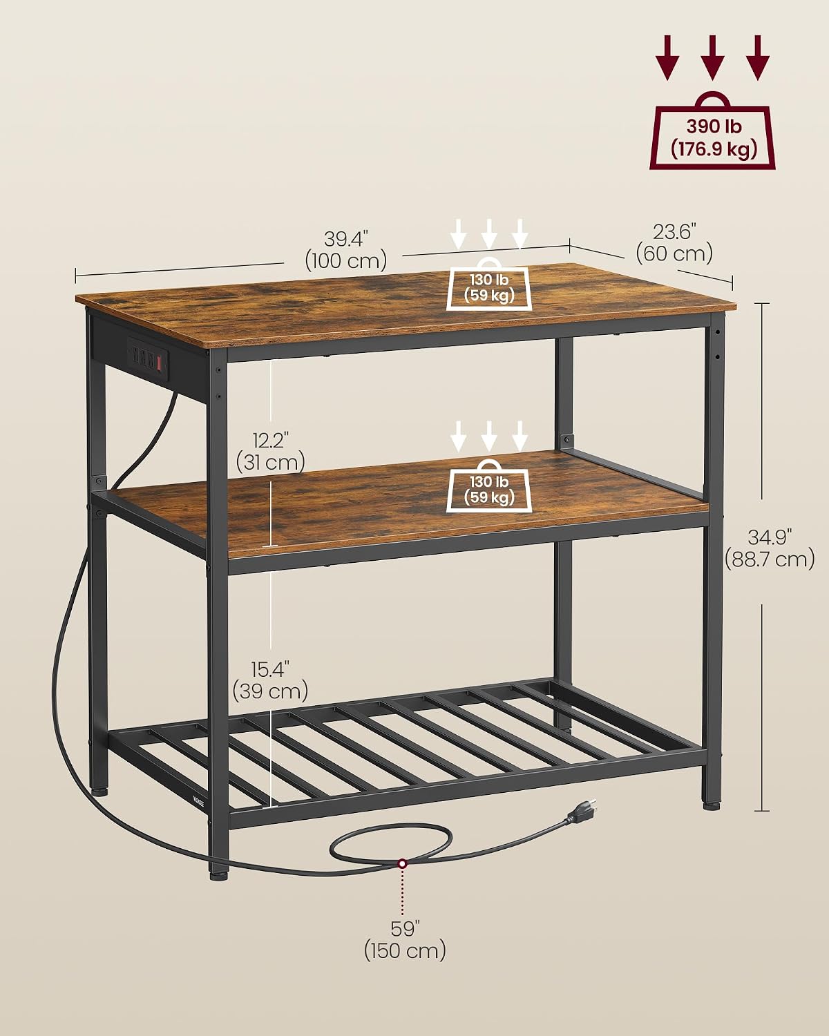 VASAGLE Kitchen Island with 3 Shelves, Storage Cabinet, Steel Structure | Kitchen Shelf with Large Wooden Worktop, 39.4 Inches Width, Rustic Brown and Matte Black, BARNET Collection UKKI105K01