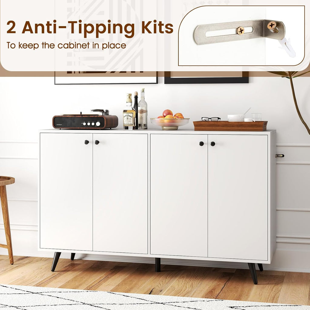 Giantex Sideboard Buffet Cabinet, 50’’ Accent Kitchen Storage Cabinet with 4-Door & 5-Position Adjustable Shelves, Modern White Sideboard with 5 Support Legs, Buffet Table for Coffee Bar, Living Room
