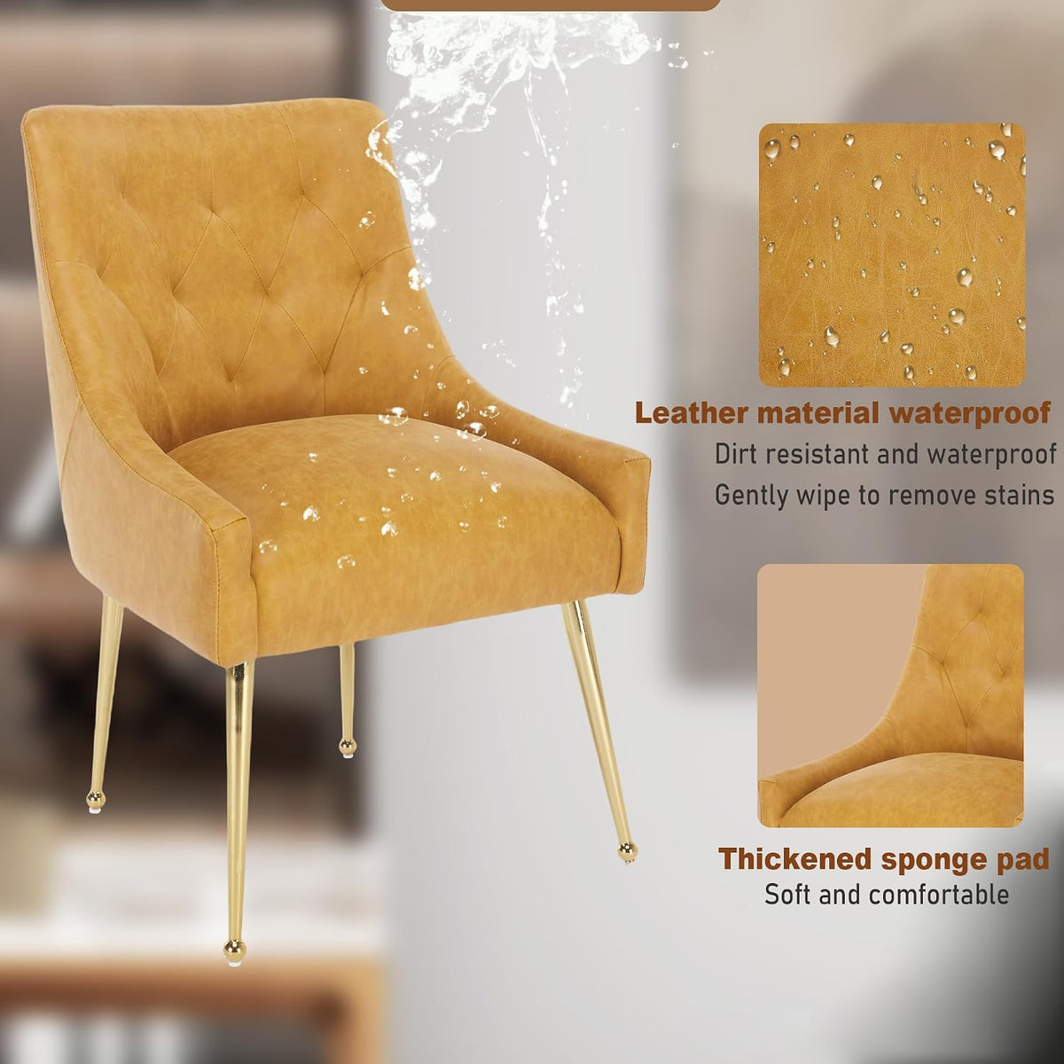 Dining Chairs Set of 4, Gold Leg Side Chair Faux Leather Vanity Mid-Century with Metal Legs Upholstered PU Leather Luxury Accent Chairs Living Room Restaurant