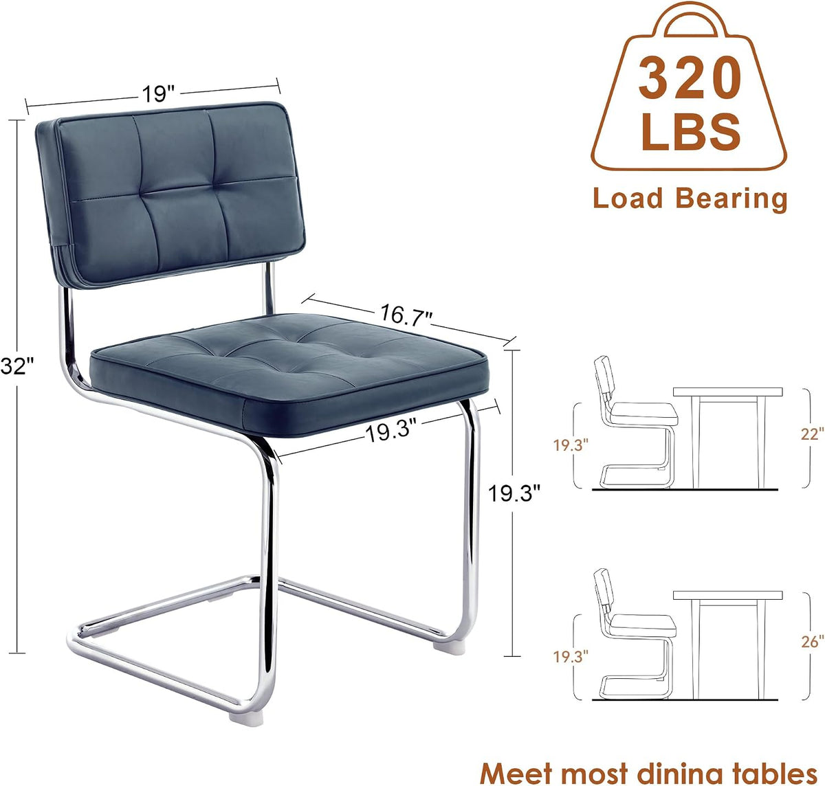 ONEVOG Retro Kitchen & Dining Chairs Set of 2, Mid Century Modern Dining Seat 19.3" with Faux Leather Cushion Back, Cantilever Chrome Metal Legs, Upholstered Armless Chair for Small Living Room, Blue