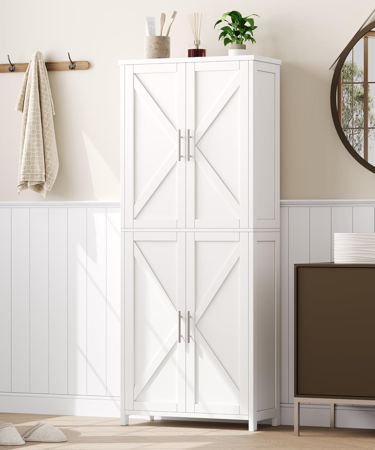 Akxomel 63''H Tall Farmhouse Bathroom Storage Cabinet with 4 Doors White | Floor Storage Cabinet with Barn Doors, Adjustable Shelf, Pantry Cabinet for Kitchen, Laundry Room, Living Room, Entryway