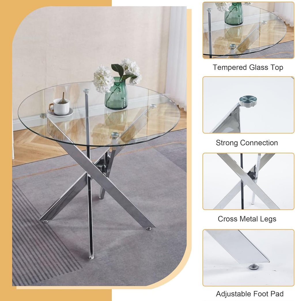 36" Glass Dining Table for 2-4, Round Kitchen Table with Tempered Glass Tabletop and Silver Stainless Steel Legs for Dining Room, Apartment, Small Space