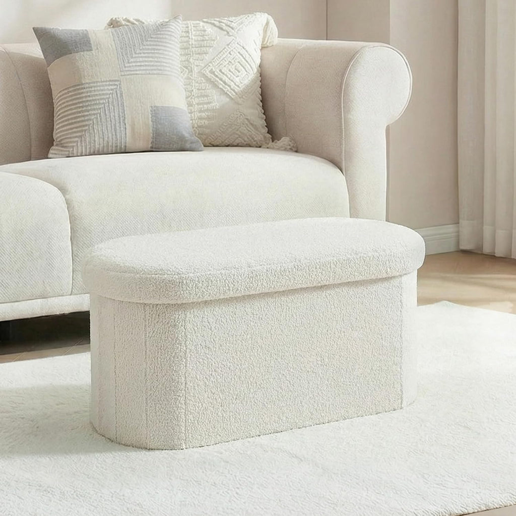 30 Inches Oval Ottoman with Storage, Boucle Sherpa Storage Ottoman Bench, Folding Foot Rest Chest for Bedroom Living Room