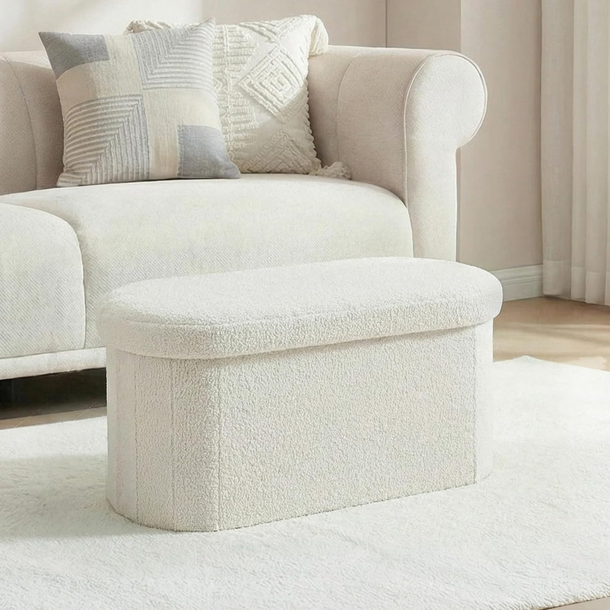 30 Inches Oval Ottoman with Storage, Boucle Sherpa Storage Ottoman Bench, Folding Foot Rest Chest for Bedroom Living Room