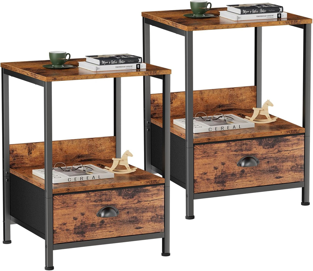 Furologee Rustic Brown Industrial Style Nightstand with Drawer, 15.7" L x 15.7" W x 21.7" H