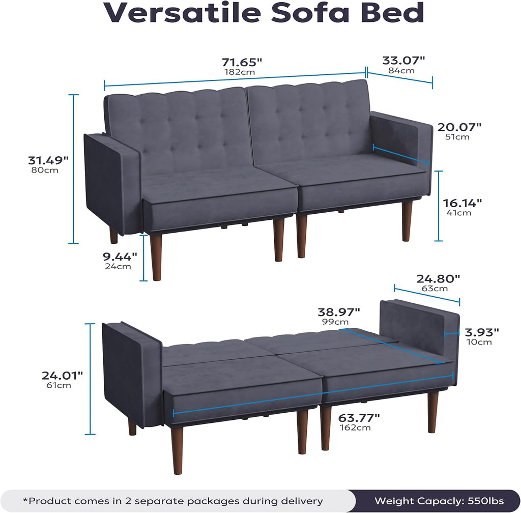 Furnify 71" Velvet Futon Sofa Bed, Versatile Loveseat Couch, Sleeper Sofa with Adjustable Backrest, Mid Century Modern Futon Couch for Small Space, Living Room, Office & Apartment, Velvet Fabric Grey