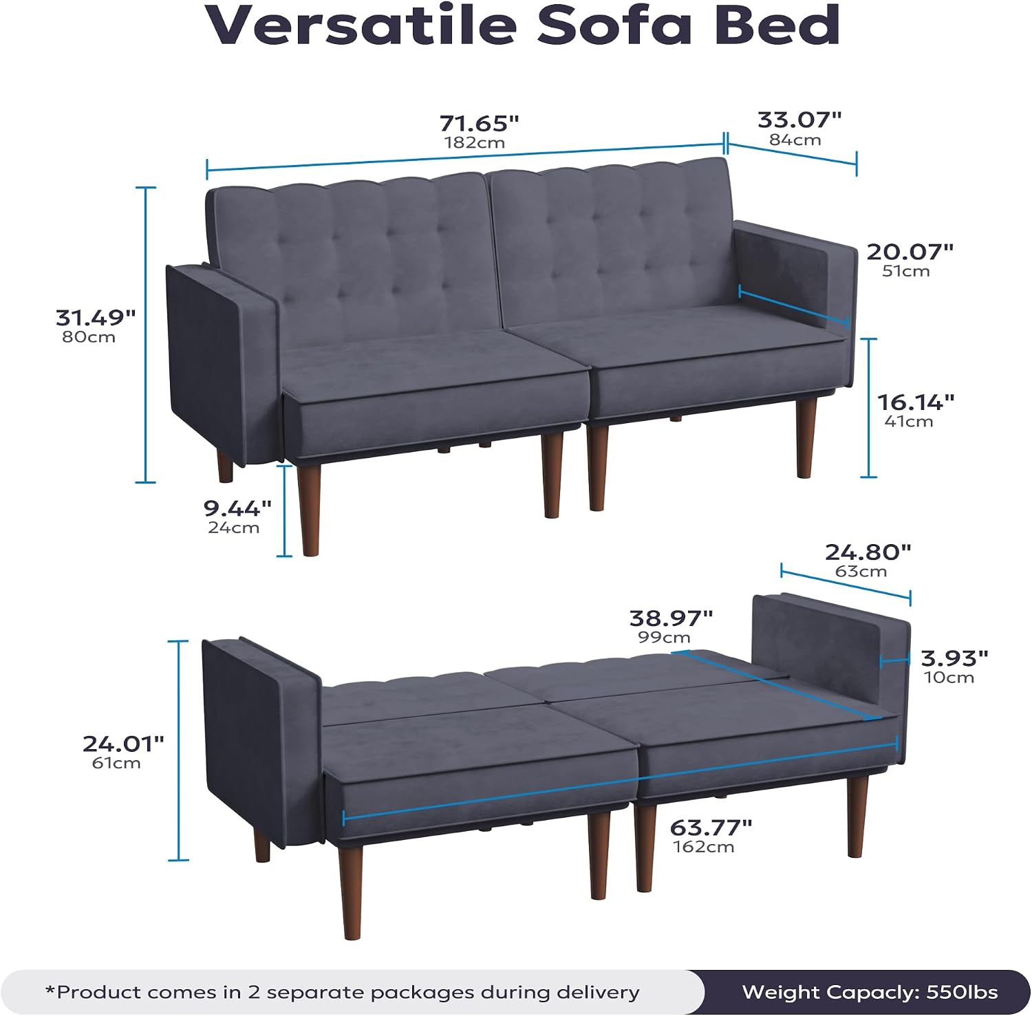 Furnify 71" Velvet Futon Sofa Bed, Versatile Loveseat Couch, Sleeper Sofa with Adjustable Backrest, Mid Century Modern Futon Couch for Small Space, Living Room, Office & Apartment, Velvet Fabric Grey