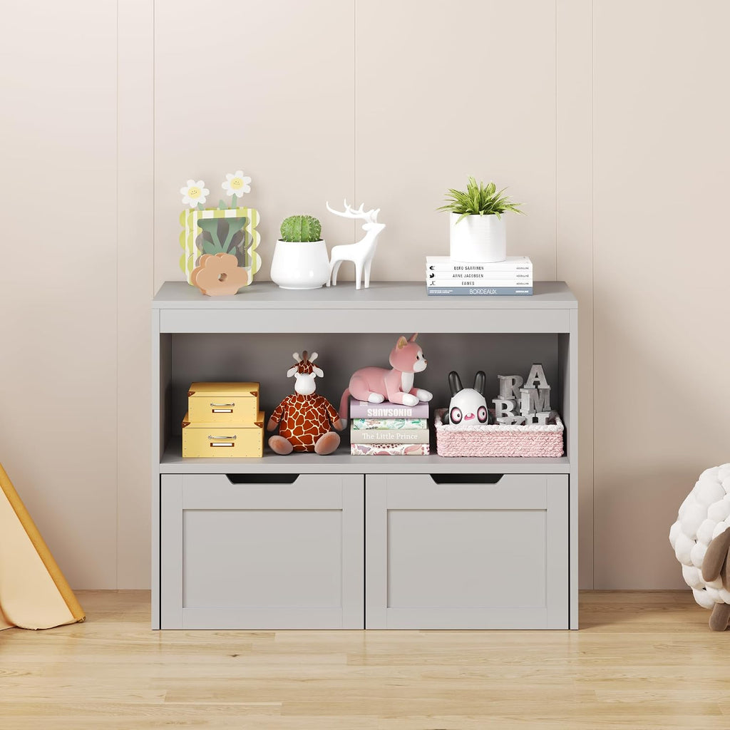 Kids Furniture Set for Bedroom Toddler Table and Chair Desk Toy Box | Durable MDF storage with 2 drawers and open shelves. Safe rounded edges, anti-tip device, and hidden wheels. Perfect for