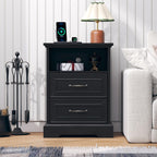 Nightstand with Charging Station,18" Wide End Table with 2 Large Drawers & Metal Handles,Rustic Farmhouse Wood Small Dresser,Bedside Table,Modern Chest of Drawers for Bedroom,Living Room,Black