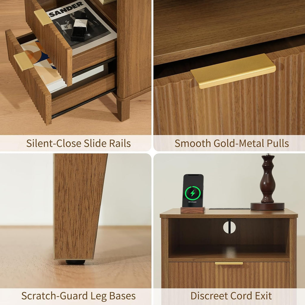 Night Stand Set of 2 with Charger Station, Fluted Nightstand with Drawers and Storage Shelf, Mid Century Modern Bedside Table Nightstands, Large Bed Side Table Wood Night Stands for Bedroom