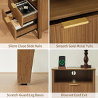 Night Stand Set of 2 with Charger Station, Fluted Nightstand with Drawers and Storage Shelf, Mid Century Modern Bedside Table Nightstands, Large Bed Side Table Wood Night Stands for Bedroom