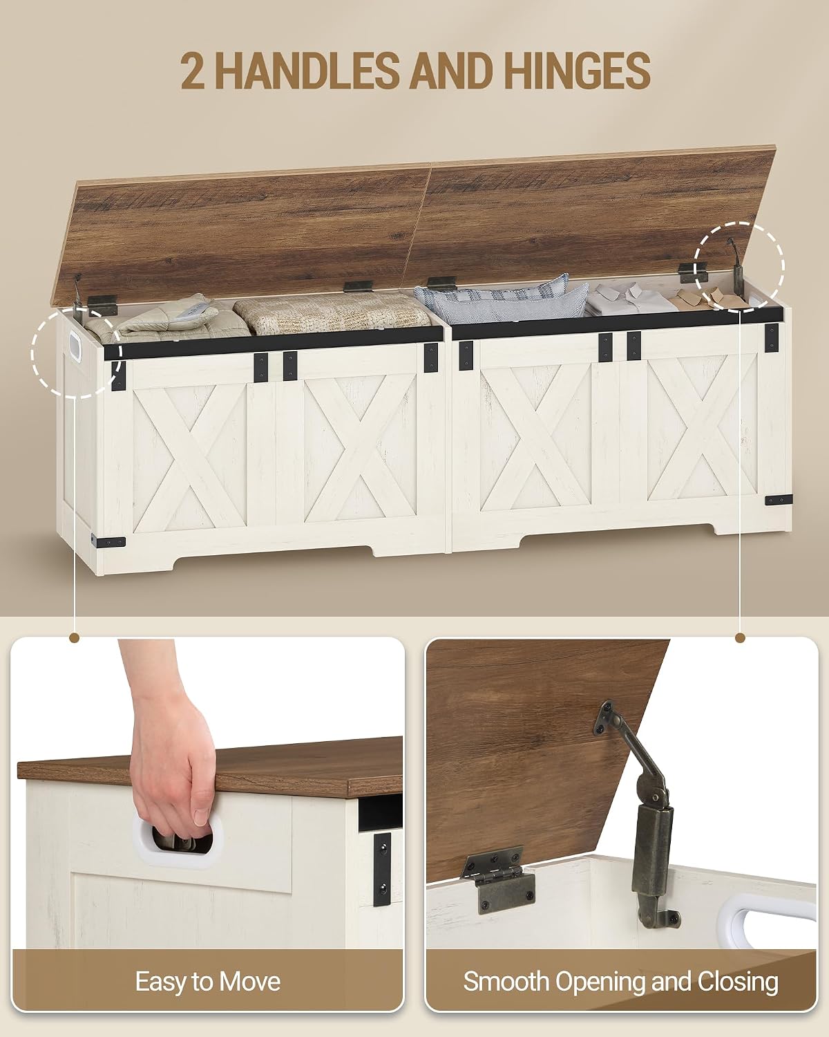 Hzuaneri 59" Farmhouse Storage Chest and Bench | 70 Gal | 330lb Seat | Soft-Close Hinges | Retro White | Shoe and Blanket Storage for Bedroom, Living Room, Entryway | Easy Assembly | SB15014X