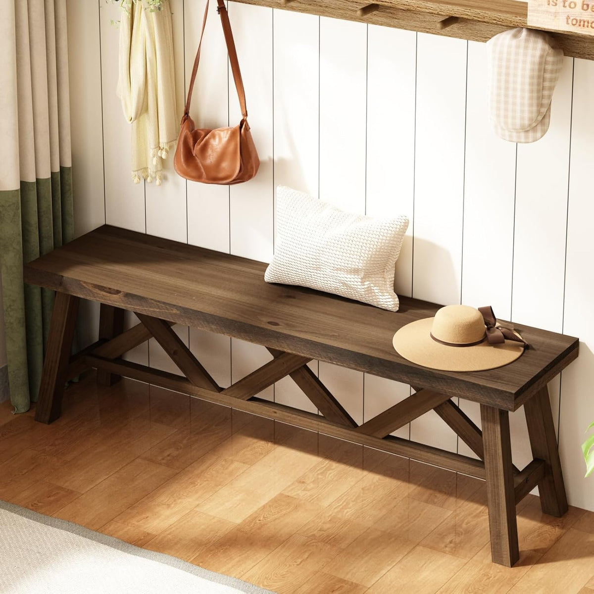Wnutrees 54" Farmhouse Wood Bench, Rustic Solid Wood Entryway Bench Seat with Double X-Structure for Dining Area Living Room Hallway, Structural Stability, Natural