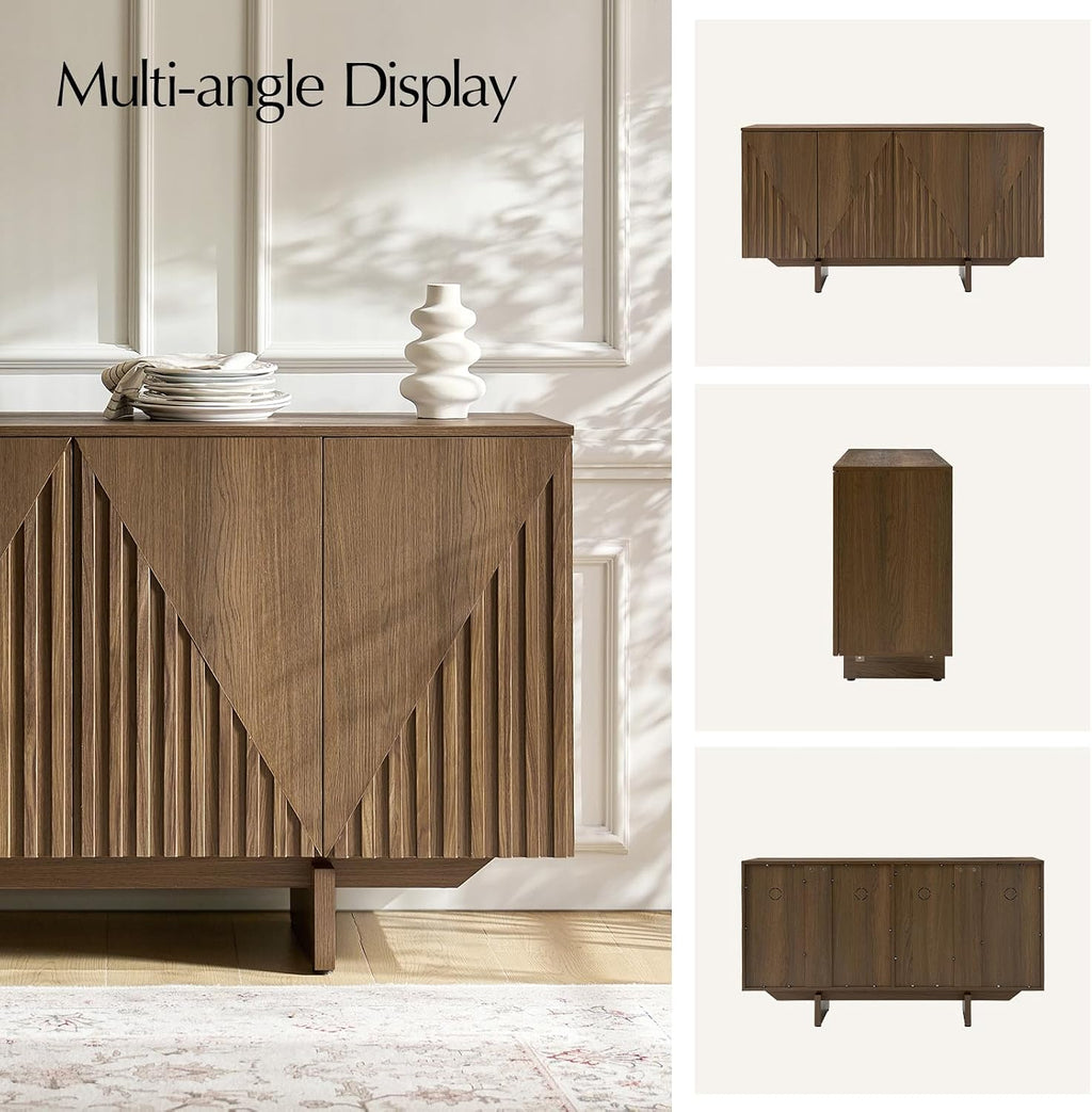 HULALA HOME Mid Century Modern Solid Wood Sideboard with Triangle, 4 Door Fluted Buffet Cabinet with Storage, 58" Sideboard Cabinet with Adjustable Shelves, Walnut