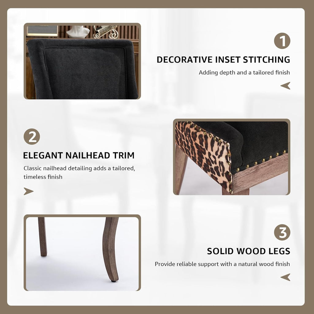 Leopard Upholstered Dining Chairs Set of 6, Animal Print Fabric Kitchen & Dining Room Chairs with Nailhead Trim, Black Leopard Pattern High Back Kitchen Chairs, Solid Wood Legs, Sillas de Comedor