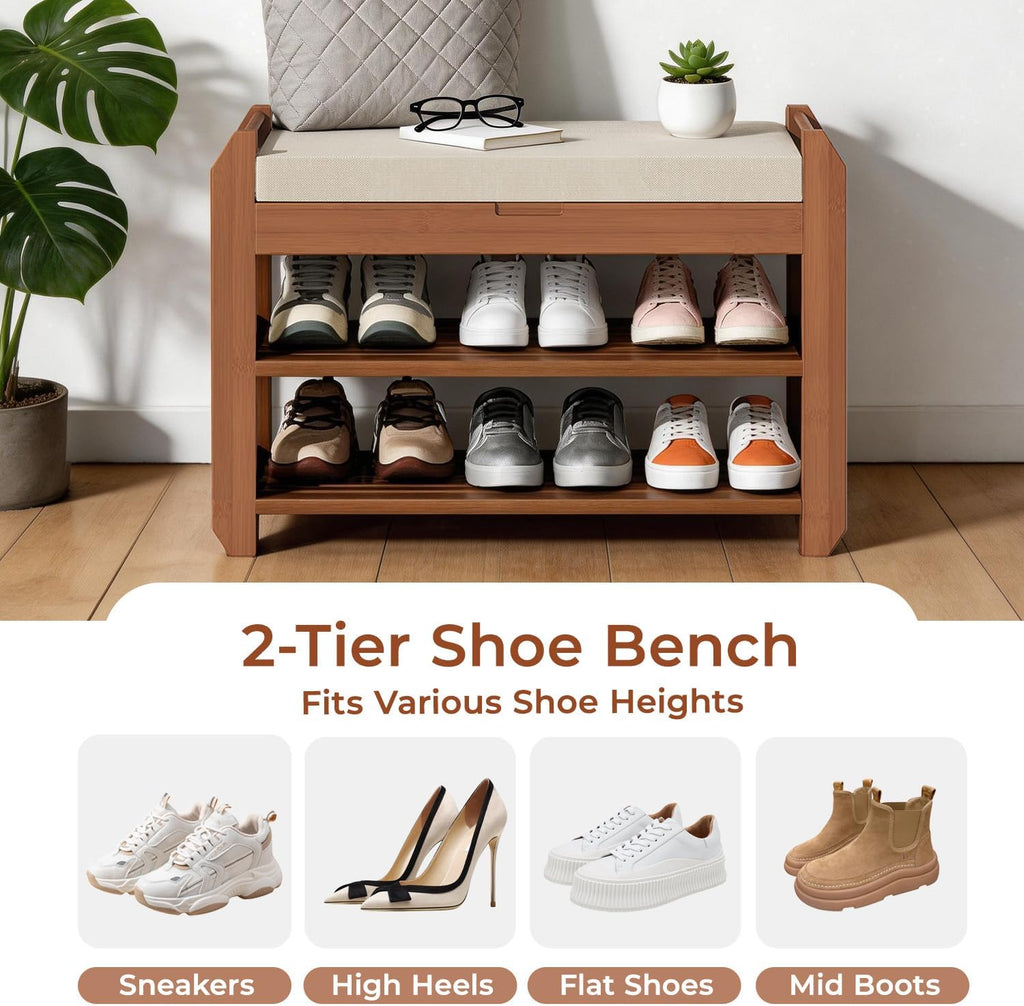 27.6" Bamboo Shoe Bench with Cushion, 5 Hooks Coat Rack, 2-Tier Storage Bench for Entryway, Heavy Duty Shoe Rack Organizer with Removable Soft Cushion for Living Room Bedroom Hallway