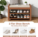 27.6" Bamboo Shoe Bench with Cushion, 5 Hooks Coat Rack, 2-Tier Storage Bench for Entryway, Heavy Duty Shoe Rack Organizer with Removable Soft Cushion for Living Room Bedroom Hallway