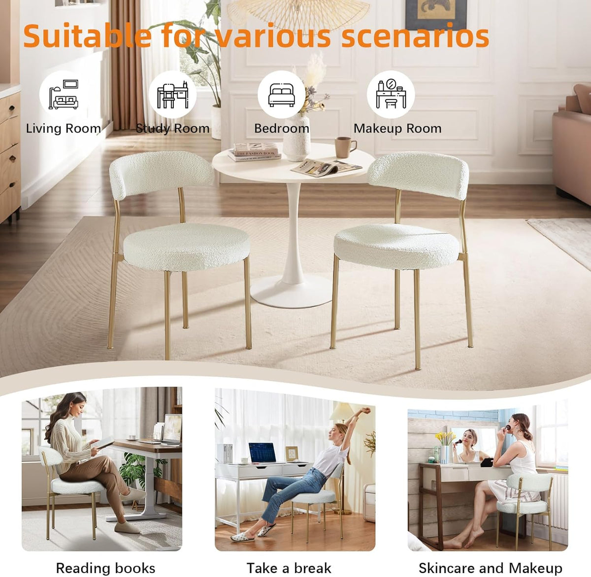 SoarFlash Dining Chairs, Beige Boucle Dining Chairs Set of 6, Kitchen Dining Room Chairs Curved Backrest Upholstered Mid Century Chair with Golden Metal Legs