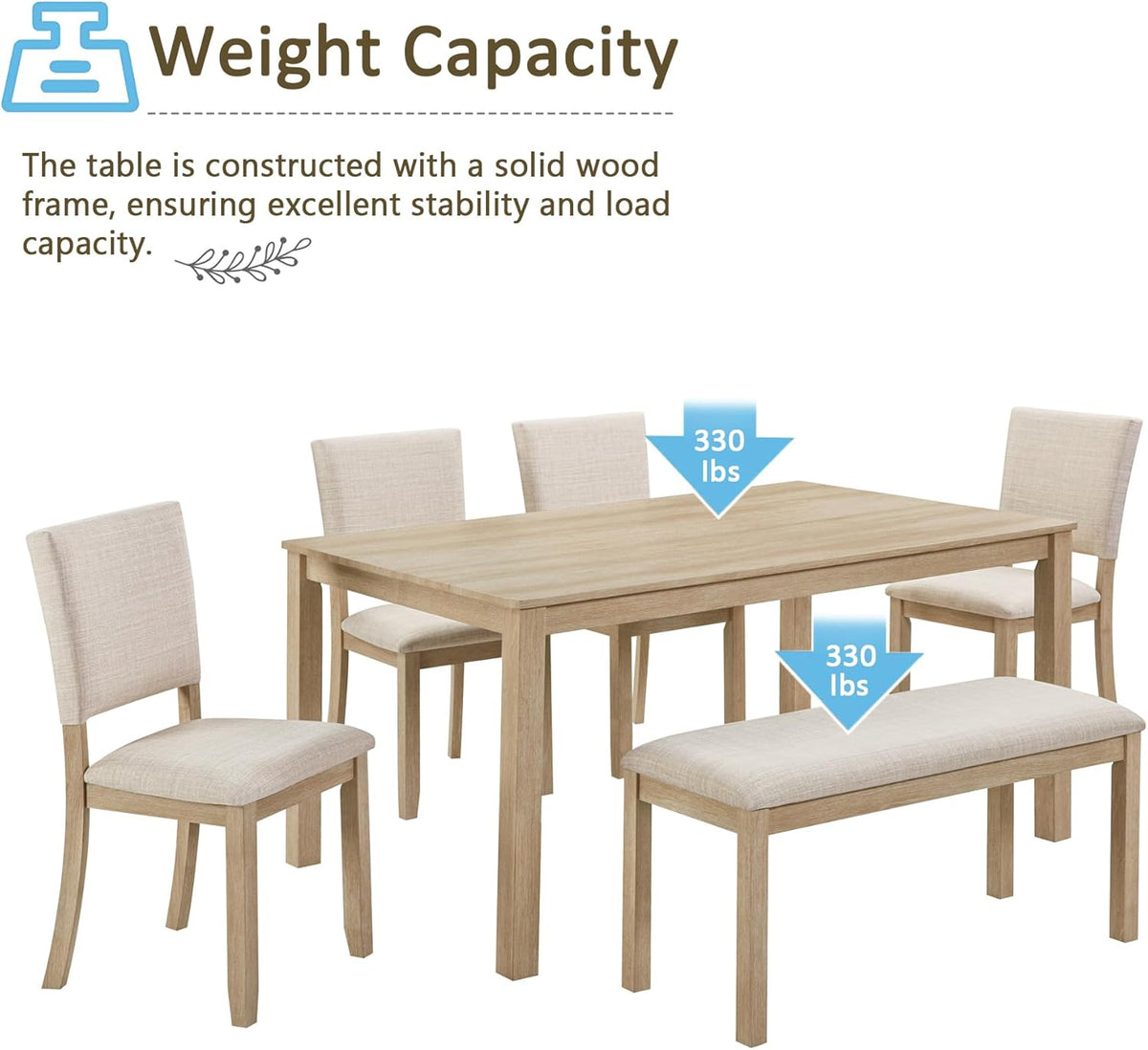 VilroCaz Farmhouse 6 Piece Dining Table Set, Wooden Rectangular Kitchen Table Set with 4 Upholstered Chairs and Bench for Living Room, Kitchen, Dining Room