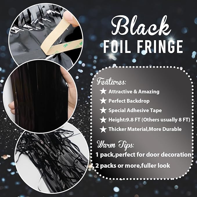 GOER 6.4 ft x 9.8 ft Metallic Tinsel Foil Fringe Curtains,Pack of 2 Party Streamer Backdrop for Birthday,Graduation Decorations and New Year Eve (Black)