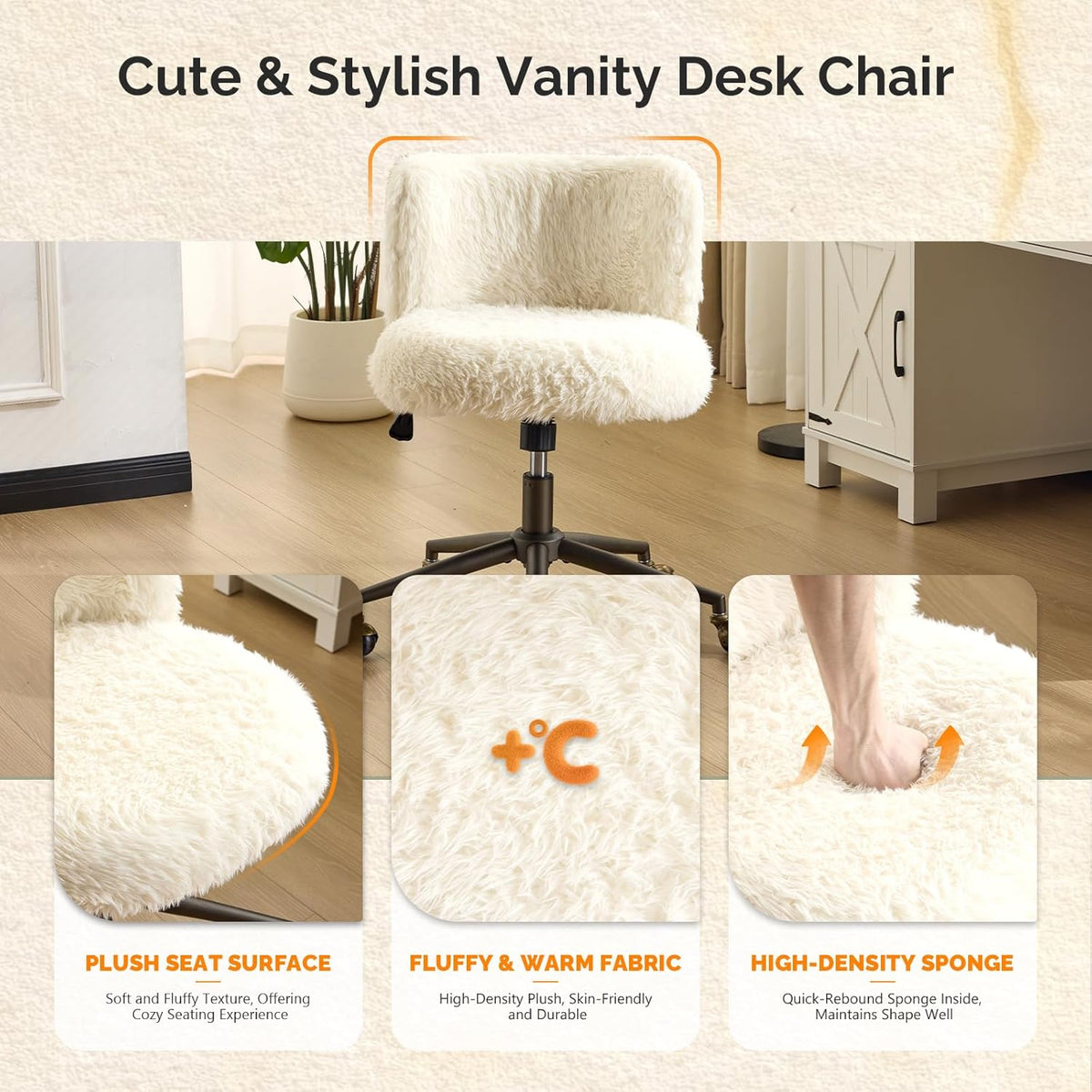 VINGLI Plush Upholstery Vanity Desk Chair with Curved Back & 90-102° Tilt &Adjustable Height, Cute Rolling Chair with Bronze Base & Golden-Bronze 360° Swivel Wheels for Makeup &Home Office,White Cream
