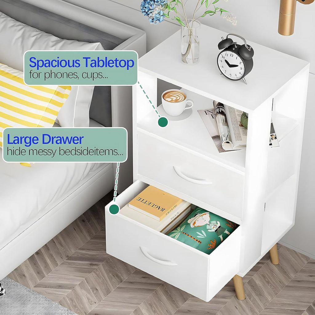 Aenuert Night Stand, White Nightstand with Fabric Drawers, Wooden Side Table with Open Storage, 3-Tier Modern End Table, Bedside Table for Small Space, Living Room, Bedroom