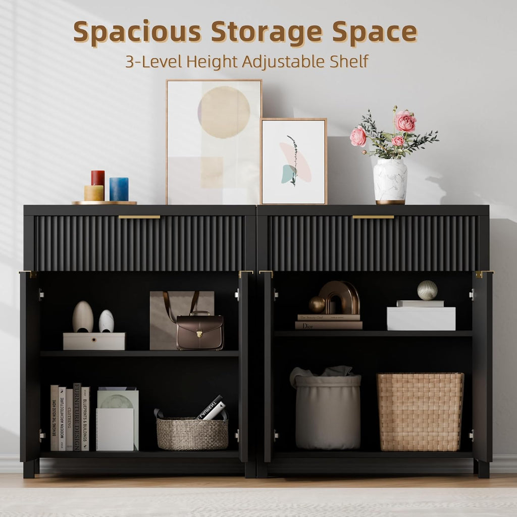 YaFiti Storage Cabinet Fluted Sideboard Buffet Cabinet with Adjustable Shelves & Quality Wooden Tabletop, Modern Accent Credenza Media Console for Living Room, Entryway, Hallway, Black