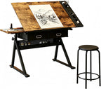 Garvee Height Adjustable Drafting Table, 0-75°Tilting Drawing Desk | Artist Table w/Stool, Multifunctional Art Craft Workstation with 2 Storage Drawers for Home Office Reading Writing Crafting