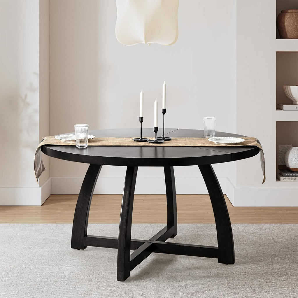 HULALA HOME 54 inch Round Dining Table for 6 People，Mid-Century Modern Solid Wood Circle Dinner Tables for Small Spaces Dining Room Living Room Kitchen, Black