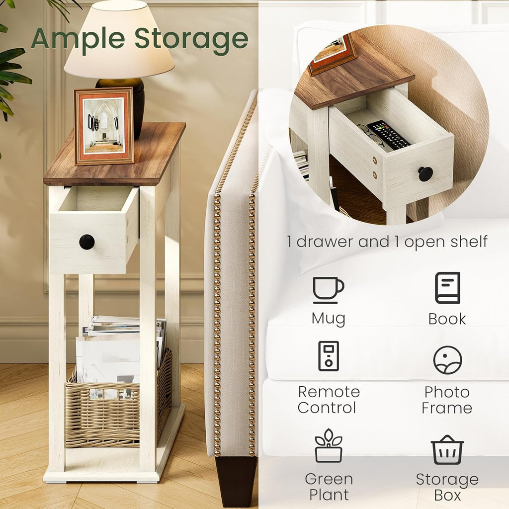 CHOEZON Farmhouse End Table, 2-Tier Narrow Side Table with Drawer, Wooden Nightstand, for Small Space, Living Room, Bedroom, Cloud White and Walnut MBZ13WL