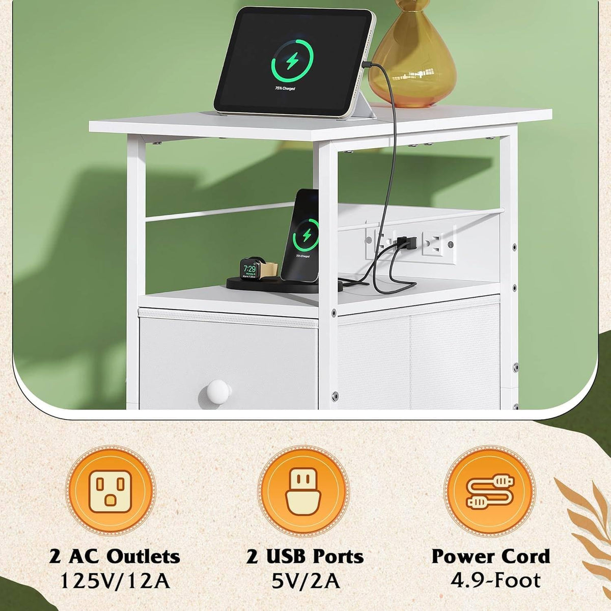 WLIVE Nightstand Set of 2 with Charging Station, End Table Sets with LED Lights, 2 Fabric Drawers and Open Shelf, Bed Side Tables Living Room, Small Space, Night Stand for Bedroom，White