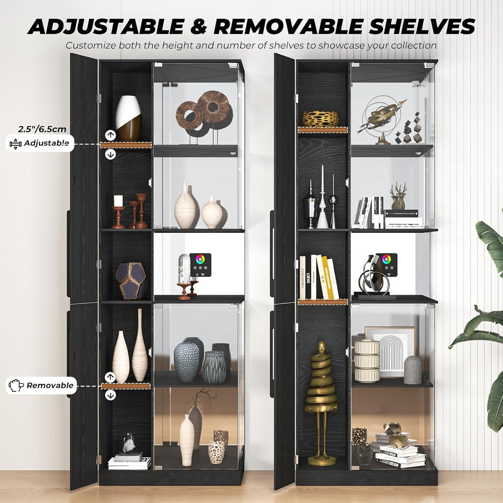 VersionTECH. Glass Display Cabinet with RGB Lights, 5-Tier Curio Cabinets with Glass Doors for Collectibles, Display Case with Adjustable Shelves, Human Sensor, Charging Station, Mirror Backing, Black