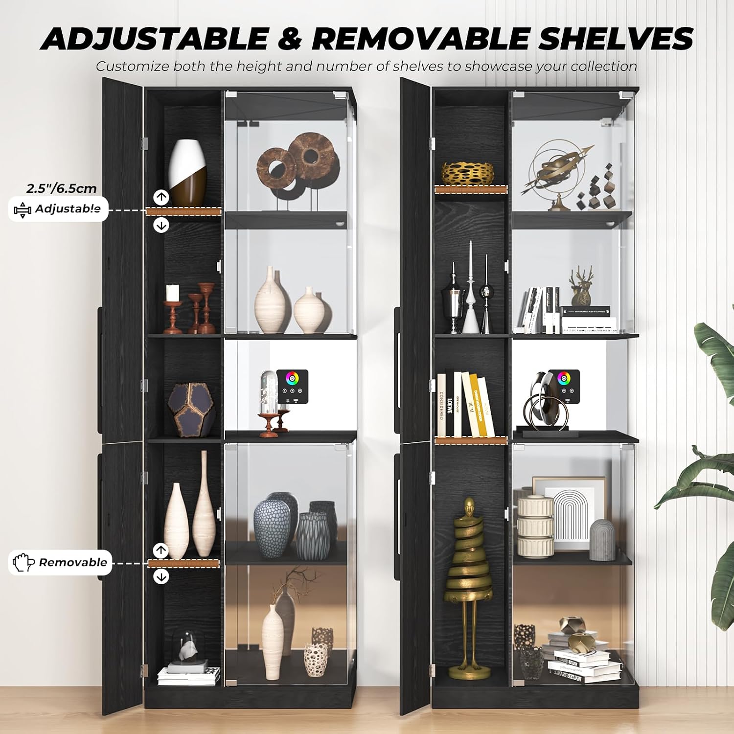 VersionTECH. Glass Display Cabinet with RGB Lights, 5-Tier Curio Cabinets with Glass Doors for Collectibles, Display Case with Adjustable Shelves, Human Sensor, Charging Station, Mirror Backing, Black