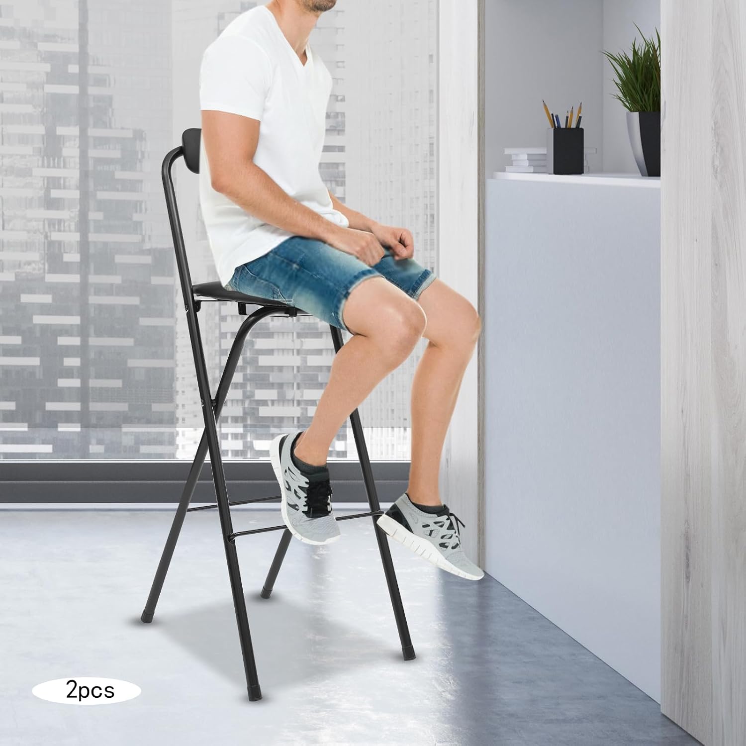2-PCS Black Modern Freestanding Stool Set, 125 kg Max Load Capacity Foldable Design with PU Cushion Sturdy and Easy to Store for Kitchen Island, Shop, Cafe, Dining Room